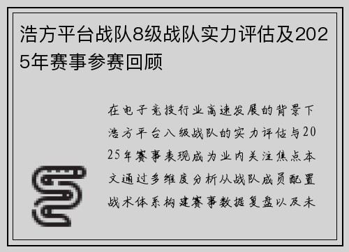 浩方平台战队8级战队实力评估及2025年赛事参赛回顾