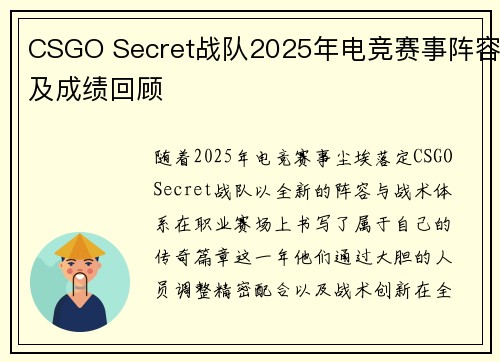 CSGO Secret战队2025年电竞赛事阵容及成绩回顾